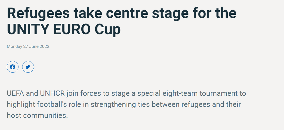 ⚽UNITY EURO CUP : today <a href="/UEFA/">UEFA</a> and <a href="/UNRefugeeAgency/">USA for UNHCR</a> organize a European tournament for refugees
🎯The objective is promote football to strengthen ties between host communities and refugees
👉More information uefa.com/returntoplay/n…