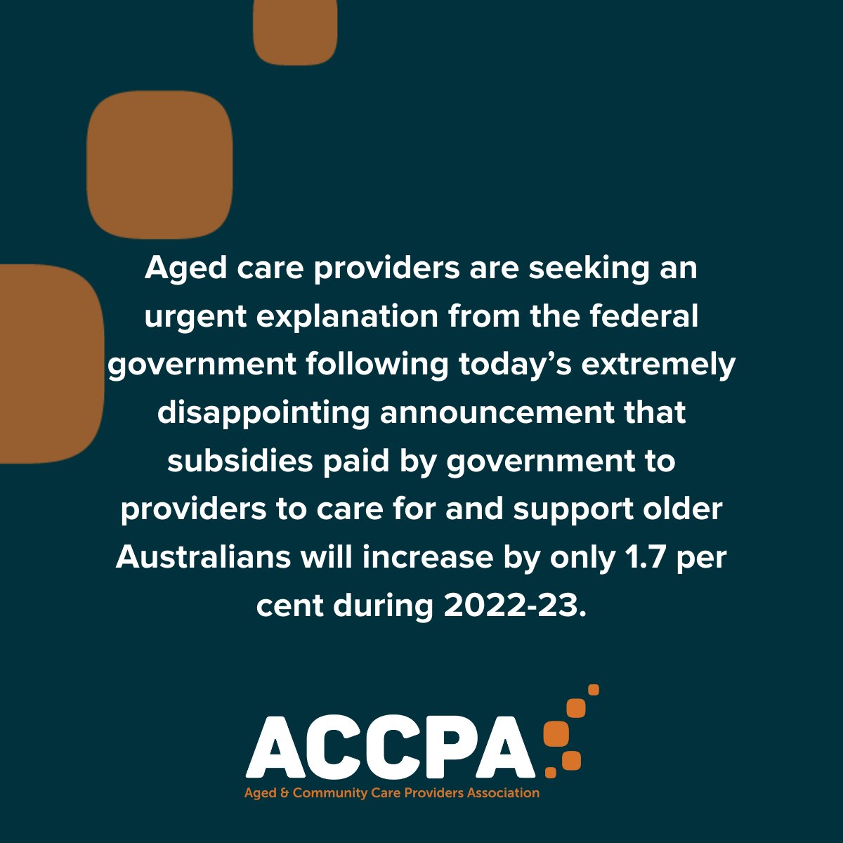 #Agedcare providers are seeking an urgent explanation following today’s disappointing announcement that Gov subsidies will only increase by 1.7 per cent during 2022-23. Read more > bit.ly/3ud0V5g Take Action! Click bit.ly/TakeActionforA… to contact your local Member.