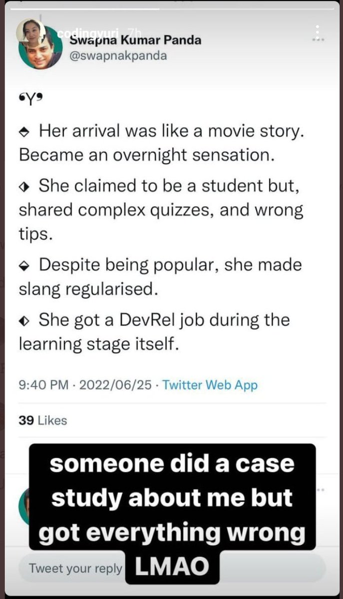 swapnakpanda's tweet image. I have clearly not mentioned this girl in the entire thread, and she herself is bringing her name in.
  ➀  She shared it on Instagram.
  ➁  She replied here saying how I wrote only wrong about her.
My point-by-point rebuttal to her inside ↓