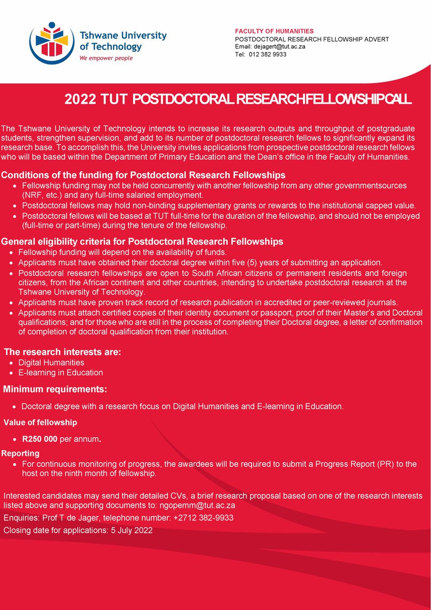 adejimiadeniji's tweet photo. 2022 Postdoctoral Research Fellowships Call.
Faculty of Humanities.
Due date: 05. July.2022
Interested candidates may send their detailed CVs, a brief research proposal based on one of the research interests listed above and supporting documents to: ngopemm@tut.ac.za https://t.co/O5hboo2hxs