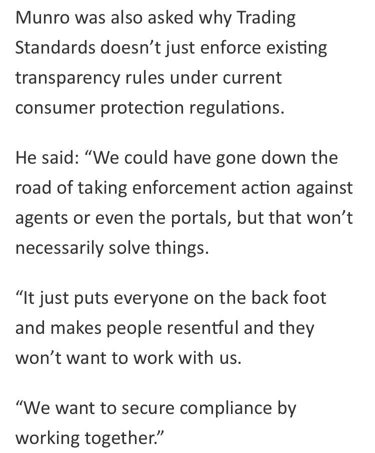 James Munro either doesn’t understand the role of <a href="/NTSELAT/">NTS Estate and Letting Agency Team</a> or something else is going on. Your role is to enforce the law and through enforcement others will comply. Your inaction emboldens the rule breakers as they face no action.