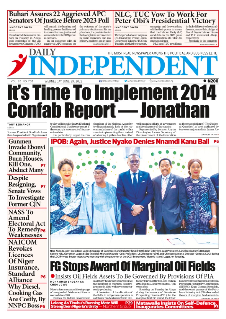 IndependentNGR's tweet photo. Today in Daily Independent: It’s Time To Implement 2014 Confab Report — Jonathan and more stories. Get a copy of the Daily Independent Newspaper on the newsstands.

#nigeria #news #restructuring #2014Confab #politics #apc #pdp #economy #IndependentNewspapers #Frontpage https://t.co/BLMFL3bLhH