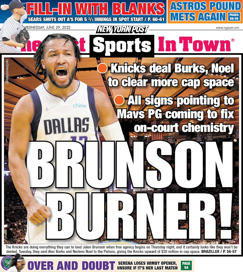nypostsports's tweet photo. The back page: BRUNSON BURNER! https://t.co/k5Ak4dfClc https://t.co/pZfATouqQO