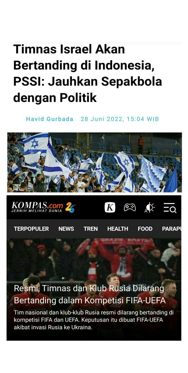 Kenapa penjajah (kolonialis) Israel dibolehkan tanding di Indonesia dengan Alasan "Jangan Campur Adukan Olahraga dan Politik" ?? 

Tetapi Rusia dilarang di semua kompetisi FIFA dan UEFA