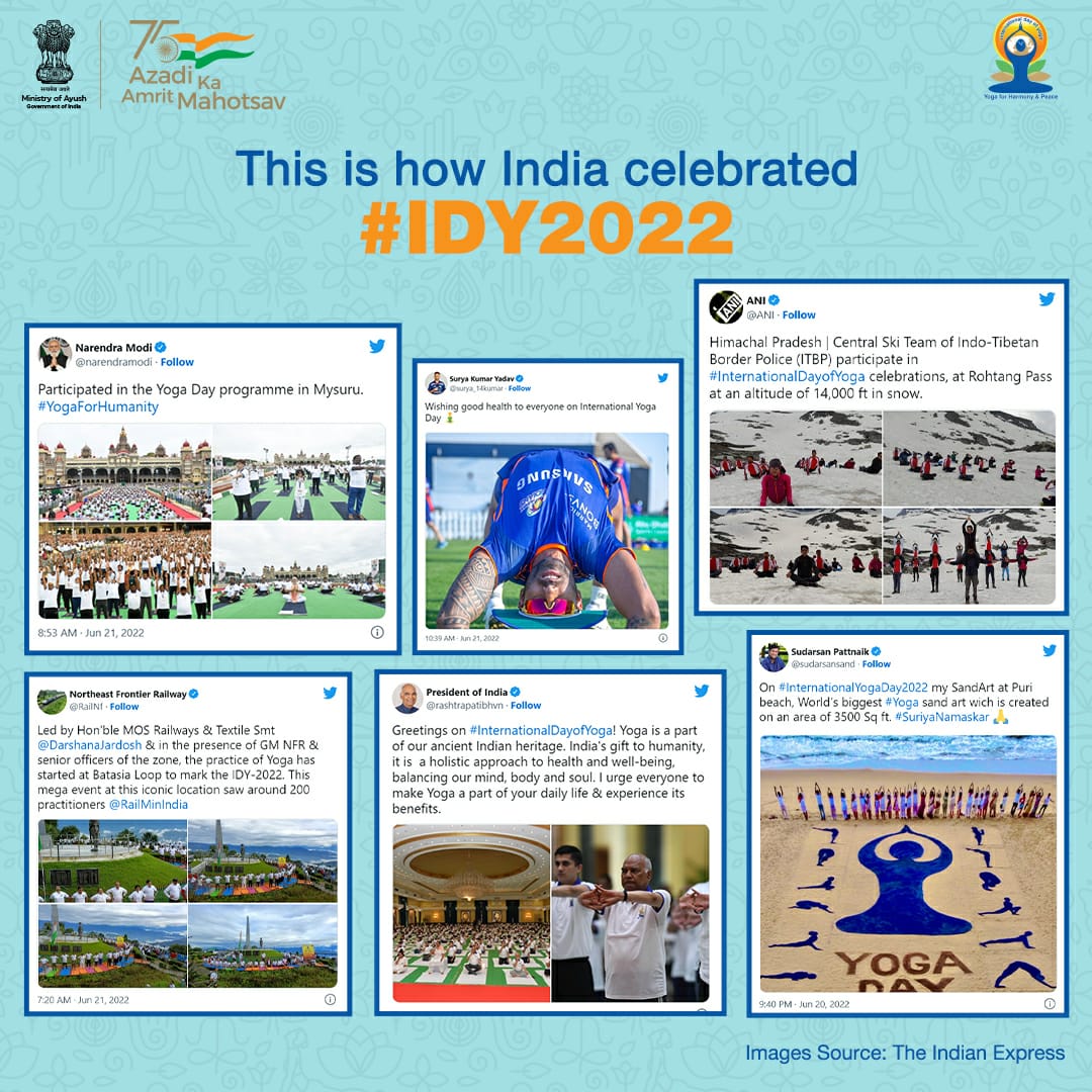 The entire nation got together to celebrate Yoga - India's glorious gift to the world!  

#IDY2022 #YogaForHumanity #AmritMahotsav