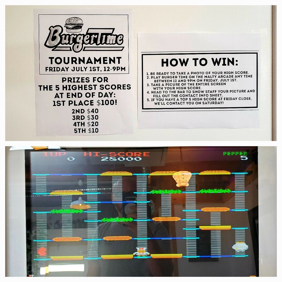 There's an arcade tournament at the brewery this Friday, July 1st. 
Come in any time between 12-9PM to play Burger Time. Top scores of the day win!