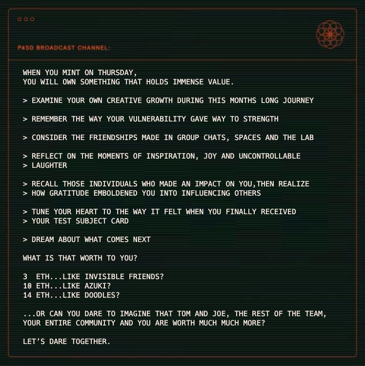 Dear #posse,

Please share...if you dare ❤️

<a href="/ThePossessedNFT/">pssssd</a> 
<a href="/tmw_buidls/">tmw (c,c,c)</a> <a href="/whatthefurr/">Joe (c,c,c)</a> <a href="/chrisvxd/">Chris Villa</a> 
<a href="/luuminize/">iluuminate</a> <a href="/ggDaydreams/">gigi | daydreams😴.eth</a> <a href="/_thel0stb0y_/">thel0stb0y</a> #HODL