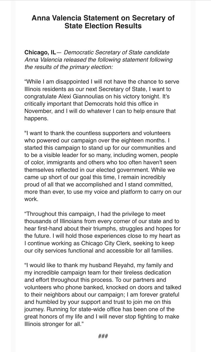While I’m disappointed I will not have the chance to serve IL residents as our next Sec of State, I want to congratulate <a href="/Giannoulias/">Alexi Giannoulias</a> on his victory tonight. It's critically important that Democrats hold this office in November, &amp; I’ll do all I can to help ensure that happens. ⬇️