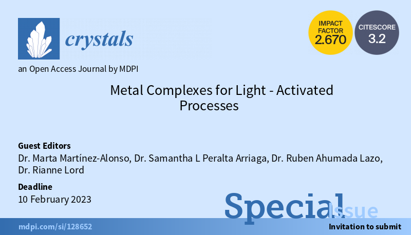Crystals_MDPI's tweet image. 📢Special Issue "#MetalComplexes for Light-Activated Processes"
⏳Deadline for submissions: 10 February 2023
👥Guest Editor: Dr. Marta Martínez-Alonso, Dr. Samantha L Peralta Arriaga, Dr. Ruben Ahumada Lazo and Dr. Rianne Lord

👉mdpi.com/journal/crysta…
#photocatalysis