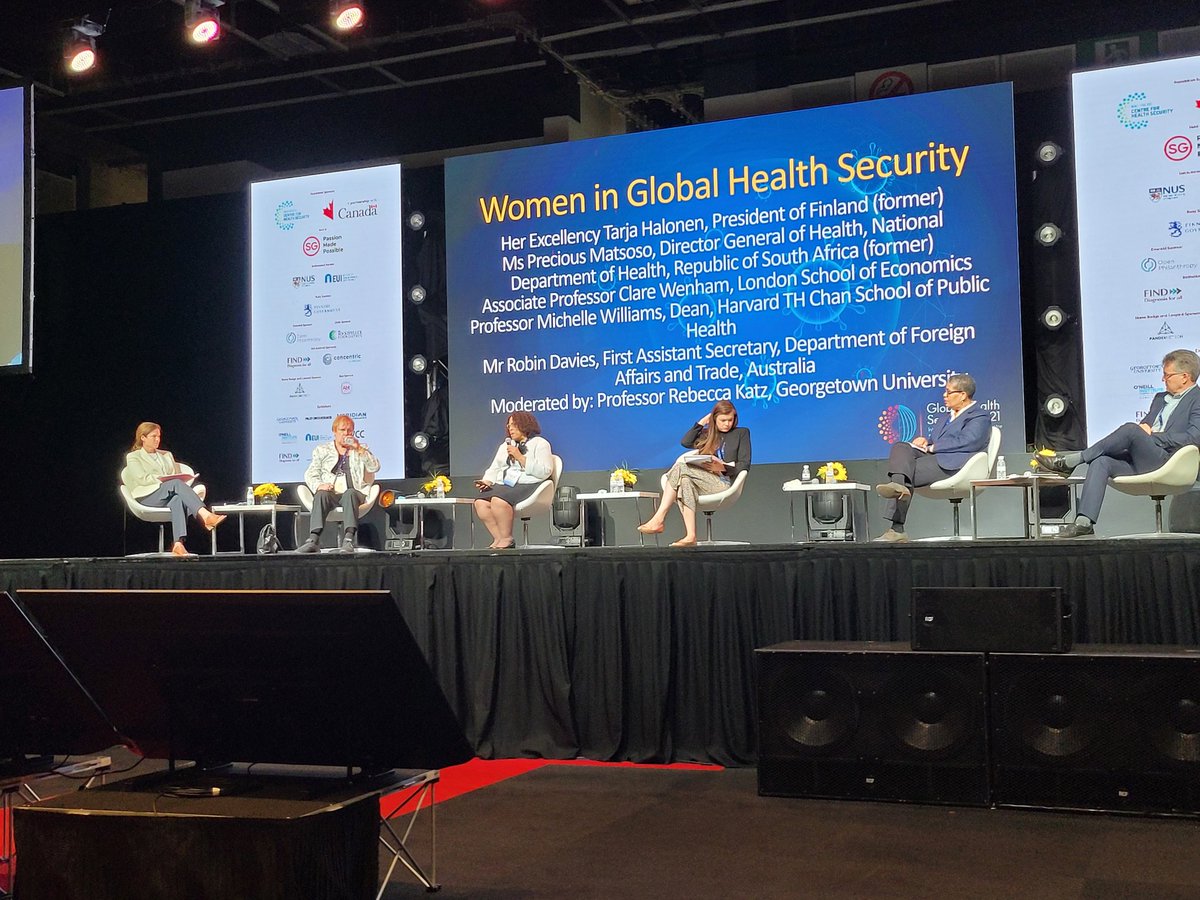 Important discussions at Women in Global Health Security @womeninGH session #GHS2022 with President @TarjaHalonen, fmr DG Health (South Africa) Precious Matsoso, Professor @clarewenham @LSEnews, Michelle Williams @HarvardChanSPH Dean, Robin Davies @dfat Moderated by @RebeccaKatz5