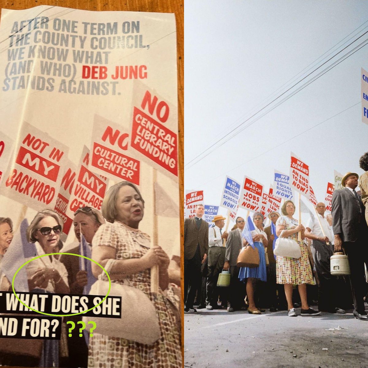 Woke Racism Strikes Again:

Here is a mailer sent out by Councilmember Deb Jung’s opponent. In a clumsy attempt to invoke the era of segregation, her opponent uses a picture from the civil rights era where several black women photographed while marching.
#hocomd #hocopolitics