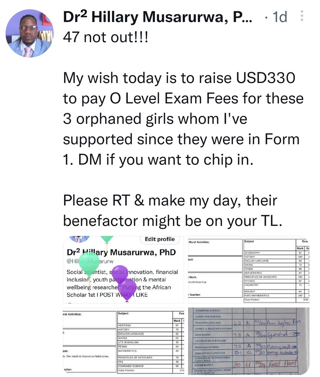 HillaryMusarurw's tweet photo. Thank very much for the birthday wishes. Thank you to those who RTed my call for help. A huge appreciation to those who responded with pledges and cash. We're USD80 short of our $330 target. Please keep RTing, I believe we're going to raise their full exam fees today. https://t.co/MbdzTKaEqp