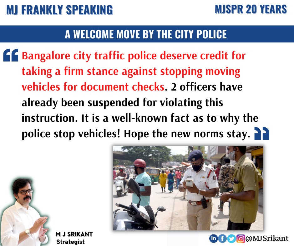 MJSrikant's tweet image. @blrcitytraffic deserve credit for taking a firm stance against stopping moving vehicles for #documentchecks. 2 officers have already been suspended for violating this instruction. It is a well-known fact as to why the police stop vehicles! Hope the new norms stay.