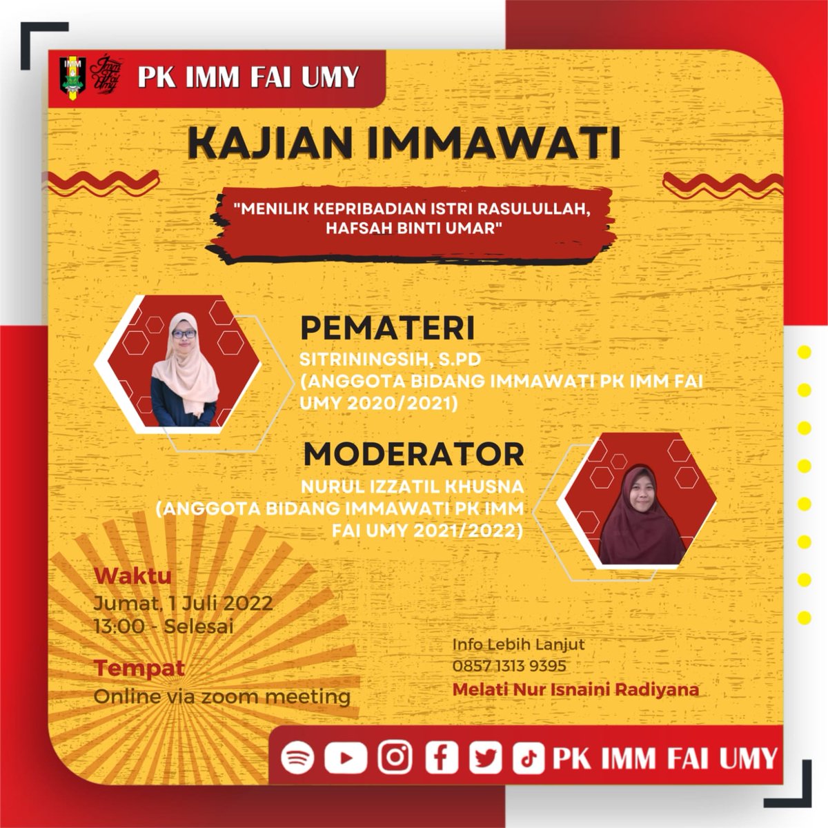 Assalamu'alaikum Wr. Wb.

Bidang Immawati PK IMM FAI UMY 2021/2022 menghadirkan kajian seputar tokoh perempuan dalam Islam guna mengkaji kisah-kisah inspiratif perempuan dalam sejarah Islam. Nah bagaimana pembahasannya? Yuk langsung saja kita bahas pada kajian Immawati kali ini👇