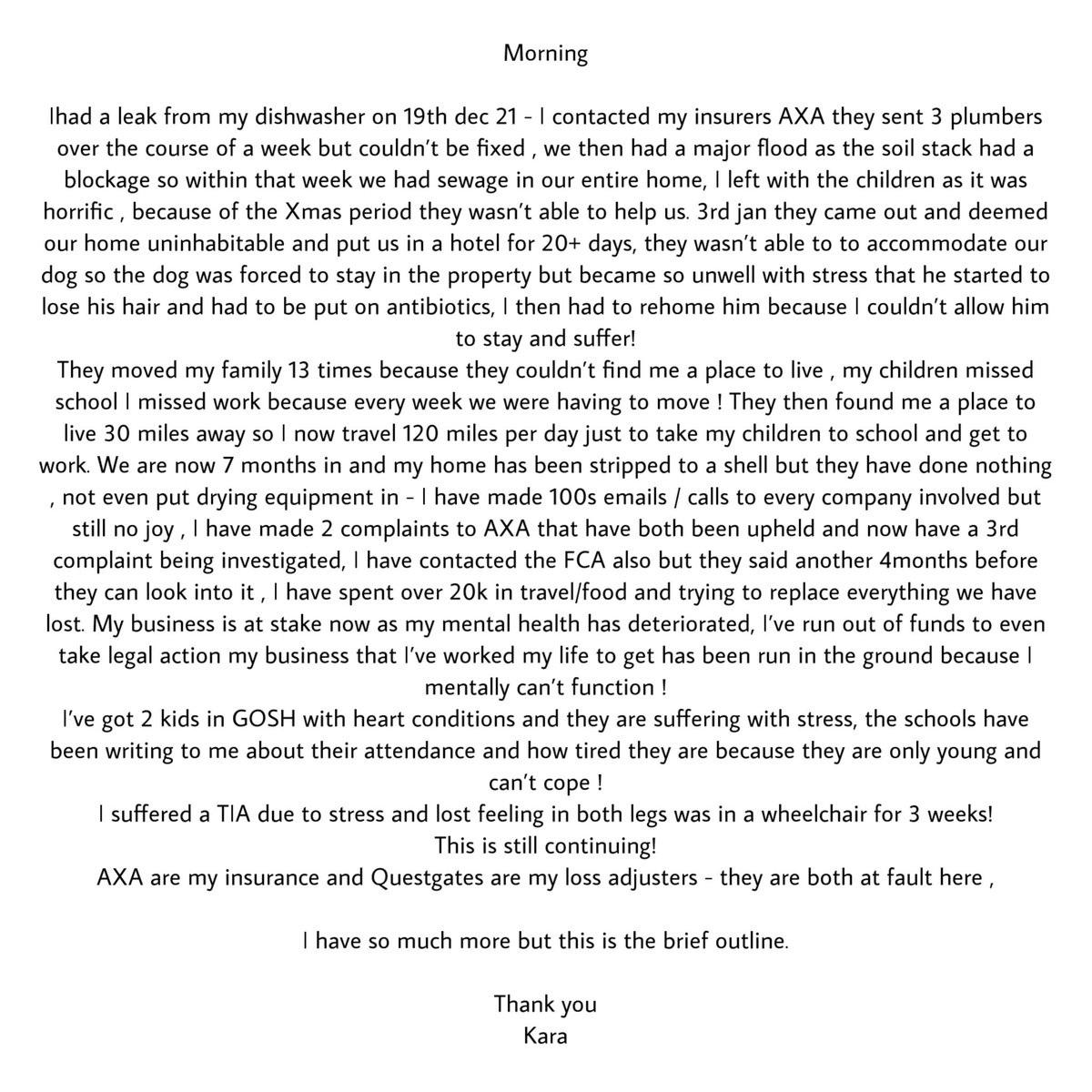 KaraTSH_'s tweet photo. Pls read how @AXA @QuestGates have completely ruined mine and my families lives for the last 7months and it’s still ongoing !! @BBCWatchdog @TheSun @RipOffBritain20 @KemiBadenoch @BorisJohnson @BBCNews @itvanglia @financialombuds https://t.co/ZmDcBIfXmR