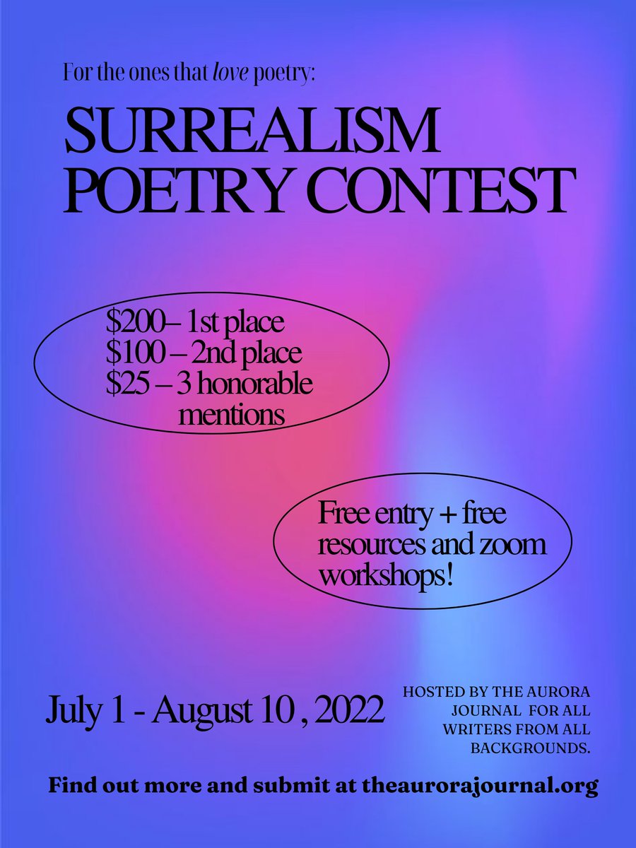 NEWS ALERT: we're holding a HUGEEEE (free) poetry contest centered around surrealism. but it won't be just any contest! we will be offering resources and free poetry workshops for you to learn along the way. It is as much an award opportunity as it is a learning opportunity!! <33