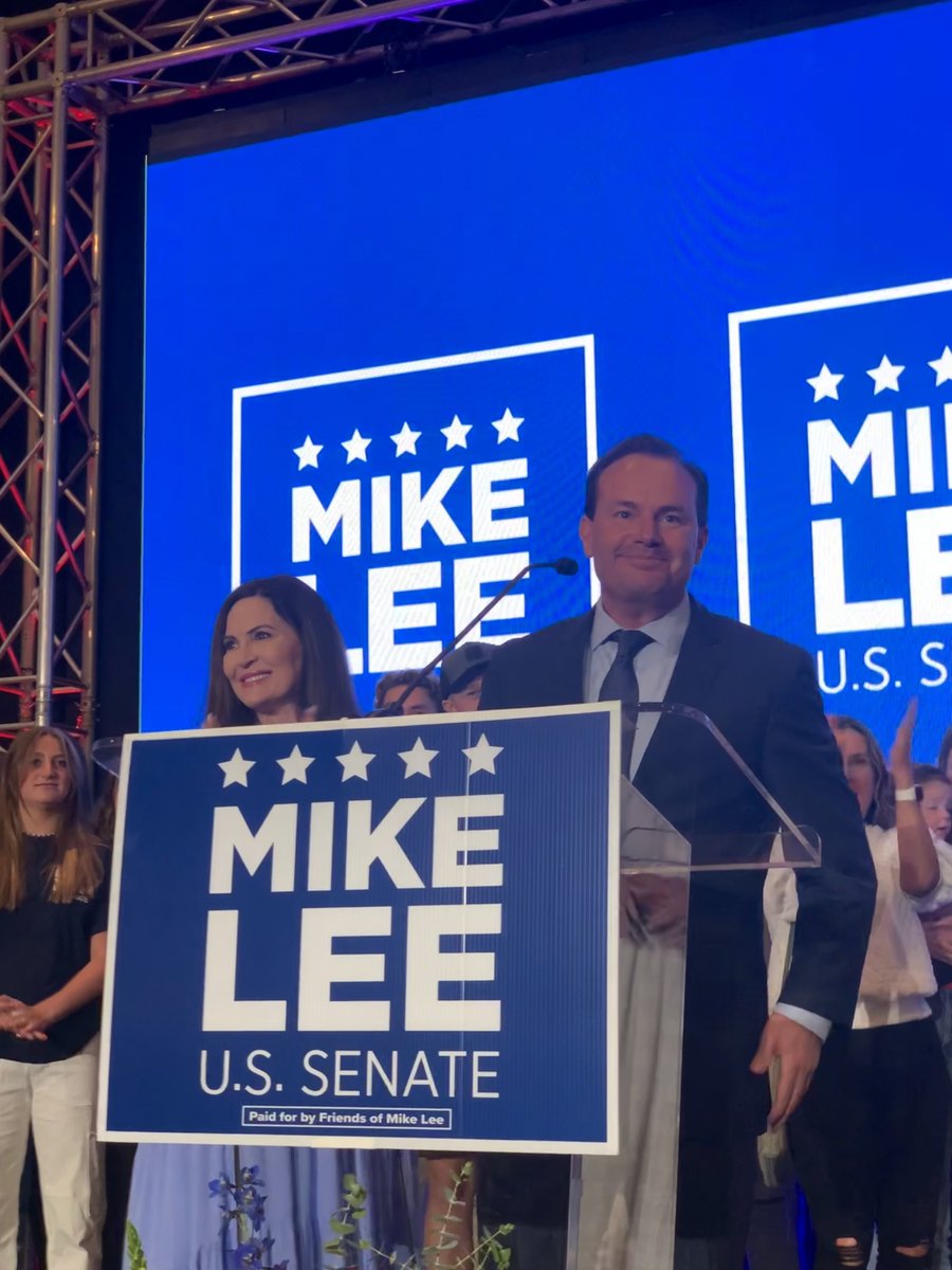MikeLeeforUtah's tweet photo. Victory!

The people of Utah have spoken tonight. I’m humbled and honored to be your Republican nominee. As your Senator, I promise to continue protecting your constitutional rights. Let’s keep Utah red this November! https://t.co/4rOswXT8LL
