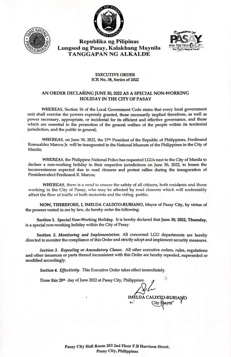 Pasay City Mayor Emi Calixto-Rubiano has issued EO #38 declaring June 30, 2022 as a special non-working holiday in Pasay City to give way to the inauguration of President-elect Ferdinand Marcos Jr. <a href="/PasayPIO/">PasayPIO</a> <a href="/gmanews/">GMA News</a> <a href="/gmanewsbreaking/">GMA Integrated News Breaking</a>