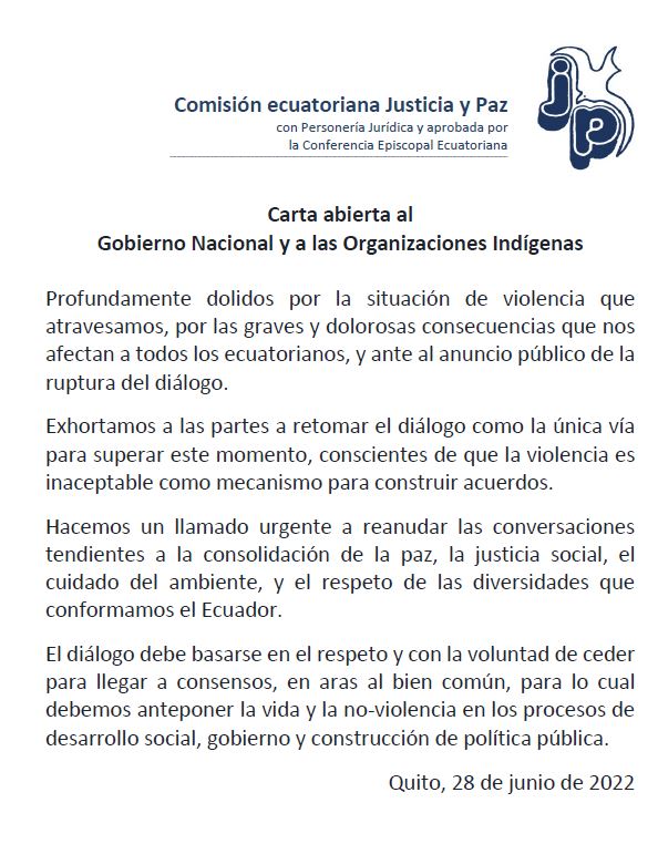 Carta abierta al Gobierno Nacional y a las Organizaciones Indígenas. Comisión ecuatoriana de Justicia y Paz. ➡️   bit.ly/3OyJVOU  #justiciaypaz, #violencia, #dialogo, #organizacionesindigenas, #GobiernoLasso, #muerte, #cartaabierta