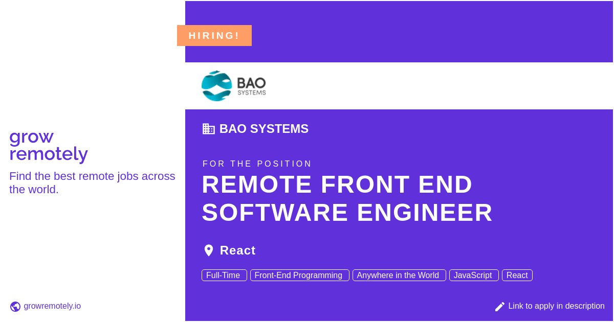 growremotelyio's tweet photo. Check out this job at BAO Systems for the position Remote Front End Software Engineer.

 Apply link: https://t.co/8OFv6OdvpH

#hiring #remotejobs #BAOSystems #Programming https://t.co/KvGGdSv2VE