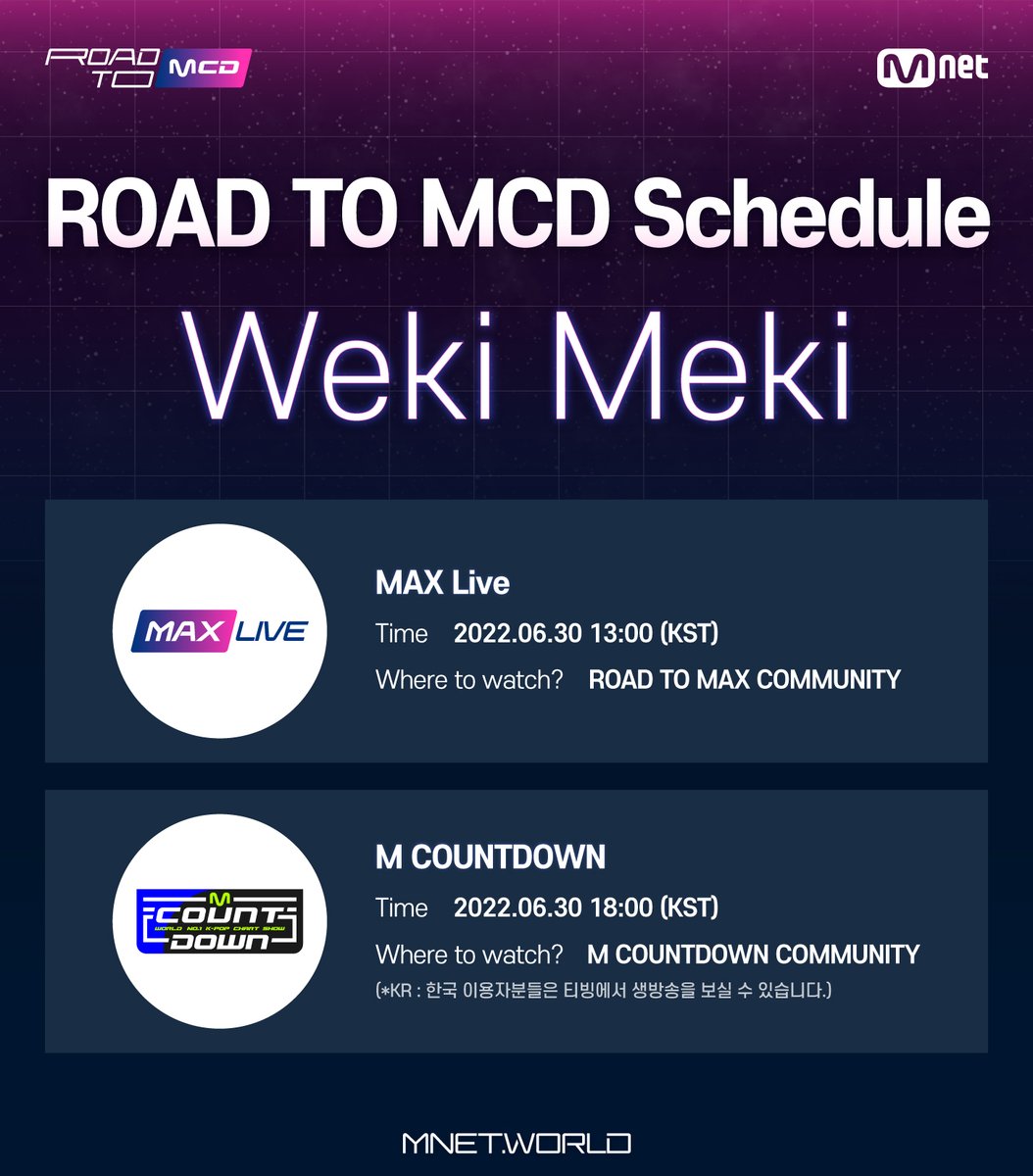 [#ROAD_TO_MAX] <a href="/WekiMeki_Staff/">WekiMeki_STAFF</a>
Time to meet OT8 SIESTA🙊#Weki_Meki ’s ROAD TO MCD Schedule 💖

- MAX LIVE (KST) 6/30 13:00  
- MCD (KST) 6/30 18:00 

How will Weki Meki react to Ki-Ling’s answers? Find it out during tomorrow’s live! 👋

#WekiMeki #roadtomax
