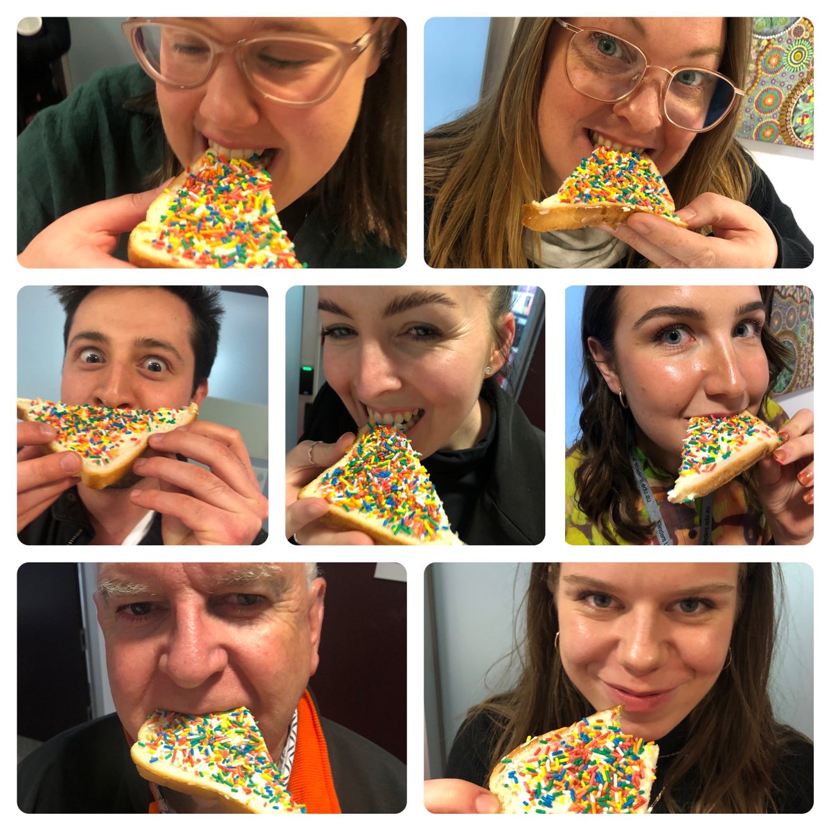 Tamika_Regnier's tweet photo. We had a pride afternoon tea today to celebrate #PrideMonth and @IsabelleHaklar fairy bread was a real hit! #flinders #Pride 🌈🌈🌈 https://t.co/D4lbdk5SZi