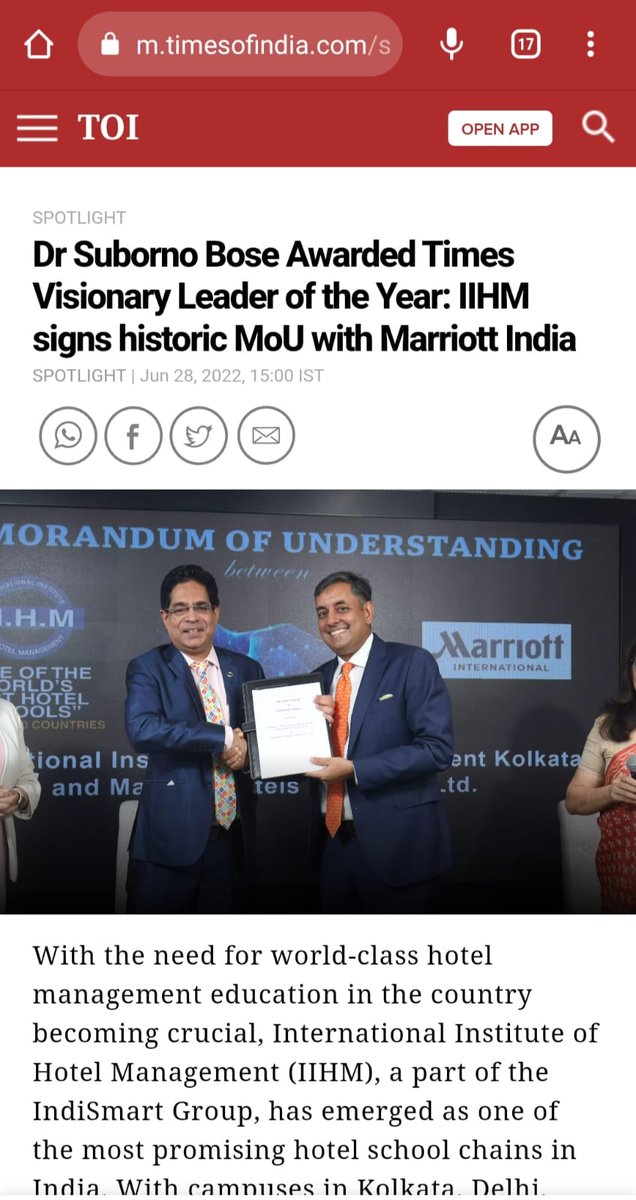 Dr. <a href="/subornobose/">Dr. Suborno Bose</a> Awarded Times #Visionary #Leader of the Year: IIHM signs historic MoU with <a href="/Marriott/">Marriott Hotels</a>  #India

Read more at : timesofindia.indiatimes.com/spotlight/dr-s…?

Join IIHM to study under the #leadership of some of the best #Hospitality minds. Register - echat.elink.in
#Trending