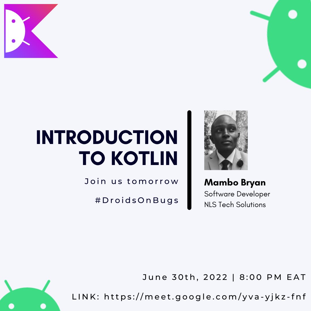 mambo_bryan's tweet photo. And we are live tomorrow, the first official session of #DroidsOnBugs...

@254androiddevs @kotlinkenya https://t.co/9NyGuu4jsn