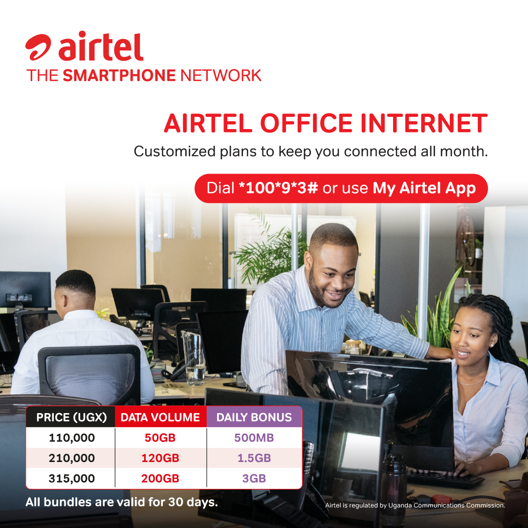 Airtel_Ug's tweet photo. Want to elevate your business to next level speeds at affordable rates? Dial *100*9*3# and choose a bundle that suits your needs with #OfficeInternet. https://t.co/hbUxiYwaJH