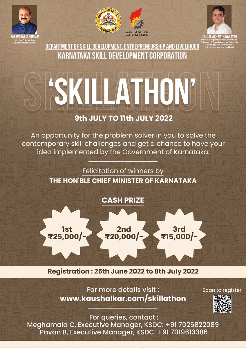 SKILLATHON is an opportunity for the problem solver in you to solve the contemporary skill challenges and get a chance to have your idea implemented by the Government of Karnataka.