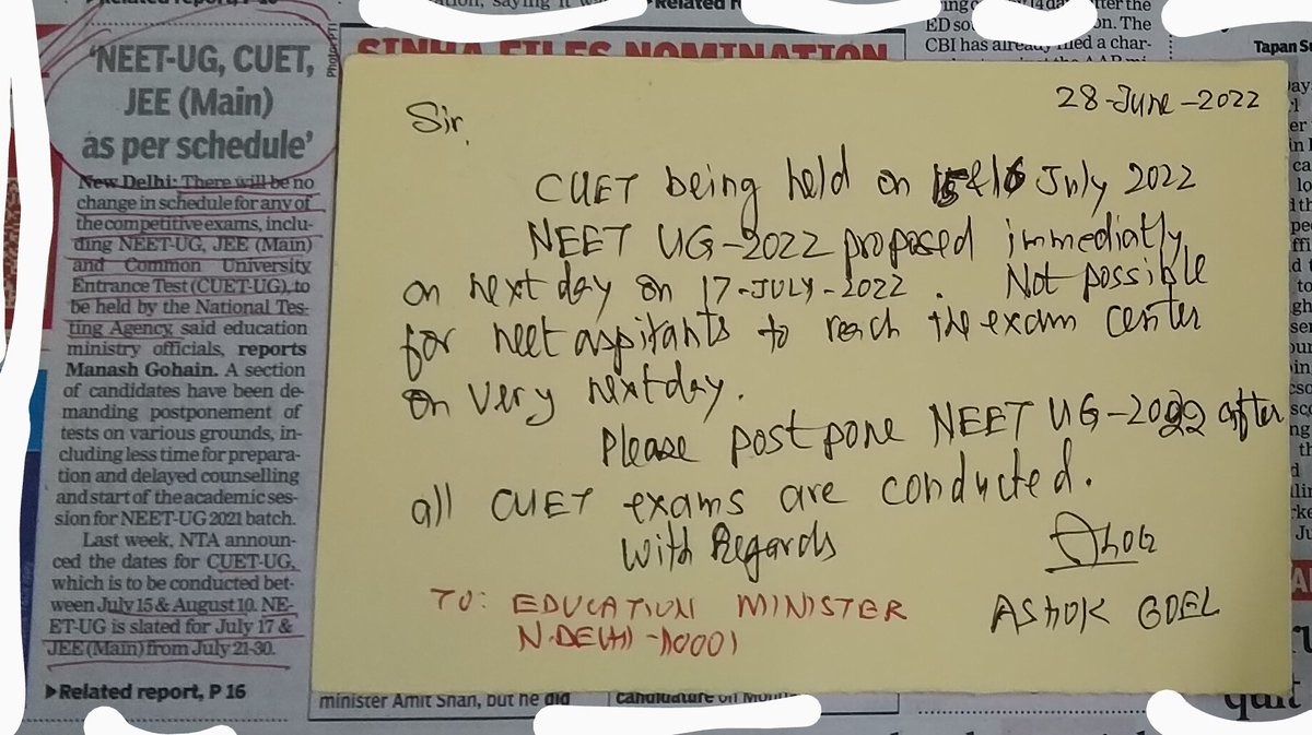 ashokdilliwala's tweet photo. Many educationists from various parts of the country have sent multiple postcard to @dpradhanbjp ji with their concerns regarding NEET UG 2022 exams.

It's our humble request kindly Postpone NEET UG till August.
#MODIJIextendNEETUG 
#EduMinShiftNEETUG https://t.co/7NjxrspQXA