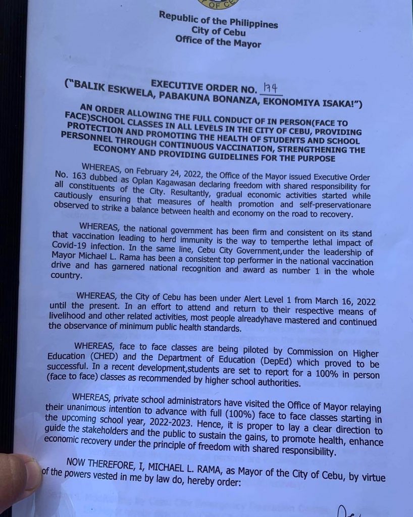 OrangeBooklet's tweet photo. BREAKING NEWS: Cebu City Mayor Mike Rama has issued Executive Order No. 174 permitting the conduct of face to face classes in all levels up to its full and safe accommodation capacity in Cebu City.

Your thoughts?

Photo courtesy of CDN Digital via Delta Letigio https://t.co/a3d5k0K4Rr