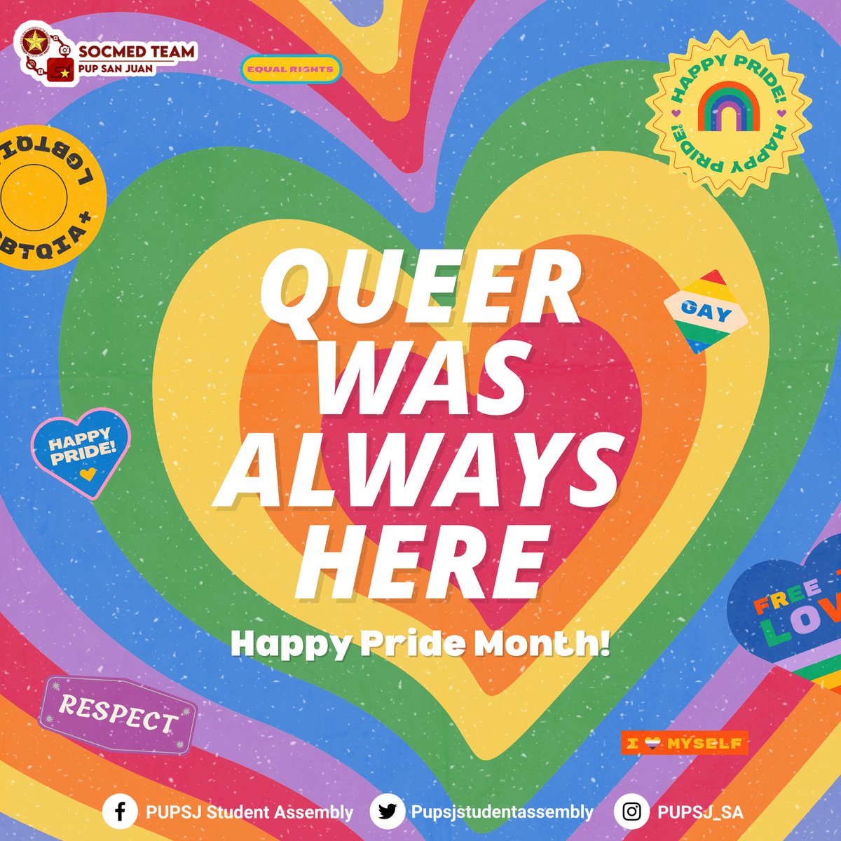 PUPSJ_SA's tweet photo. Pride month is for everyone to celebrate 🎉. 

The PUP SAN JUAN encourage everyone to ensure a safe place for the members of LGBTQ+. Happy Pride month to everyone.

Credit: Sebastian Croft

#PrideMonth2022
#sharewithpride
#PUPSJSupportsPrideMonth
#PUPSJ
#PUPSJStudentsAssembly https://t.co/nRjzOcbhyA