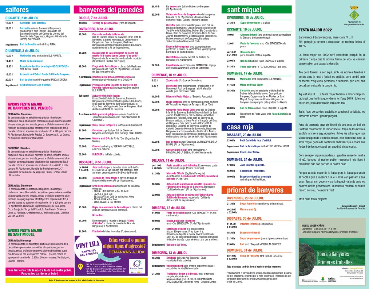 📆👀 Ara sí! Us presentem el programa de totes les festes majors dels diferents nuclis de Banyeres del Penedès que comencen aquest cap de setmana amb la #FestaMajor de Saifores.

👉 Aquest programa es repartirà porta a porta a tots els nuclis de Banyeres.