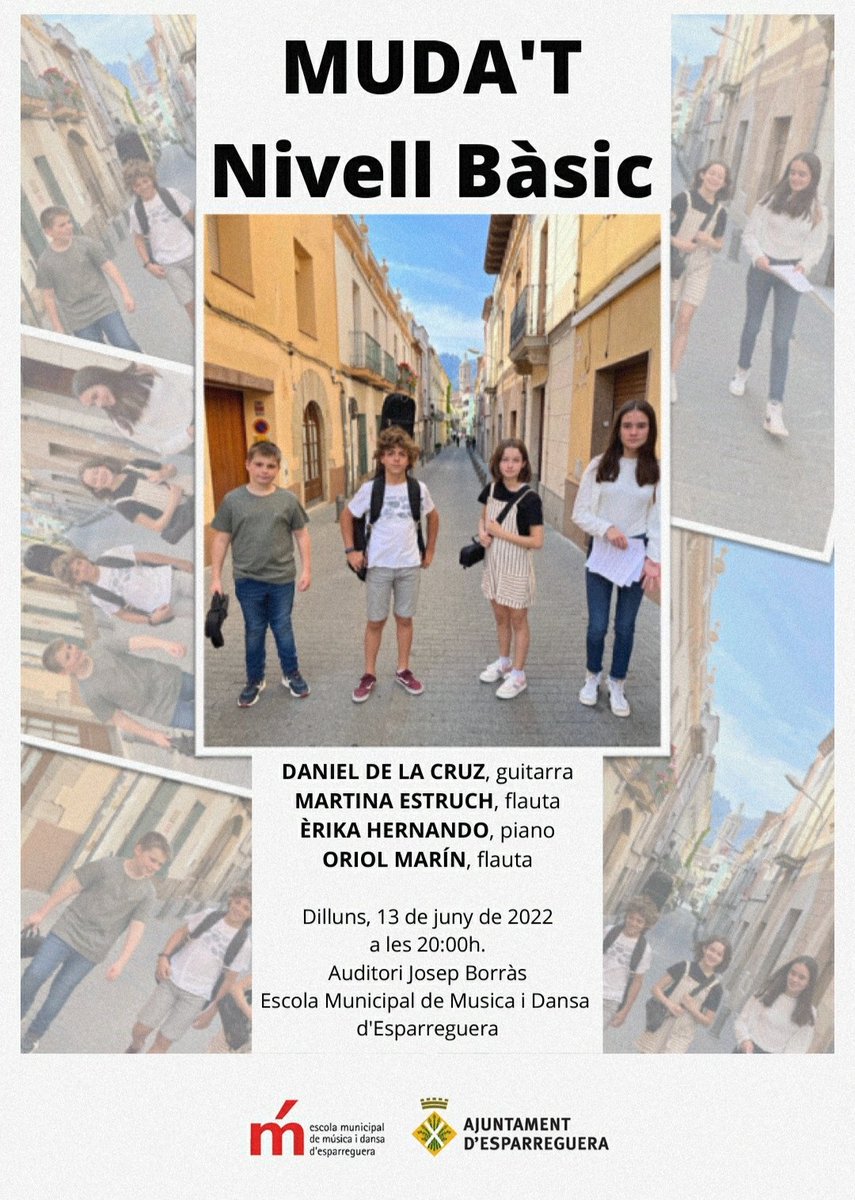 I avui, últim MUDA'T del curs.
Podrem gaudir d'un concert q es va haver d'ajornar per lesió d'un dels intèrprets.
Hi tindrem quatre alumnes que acaben Nivell Bàsic: dos flautistes (Martina Estruch i Oriol Marín), un guitarrista (Daniel De la Cruz) i una pianista (Èrika Hernando).