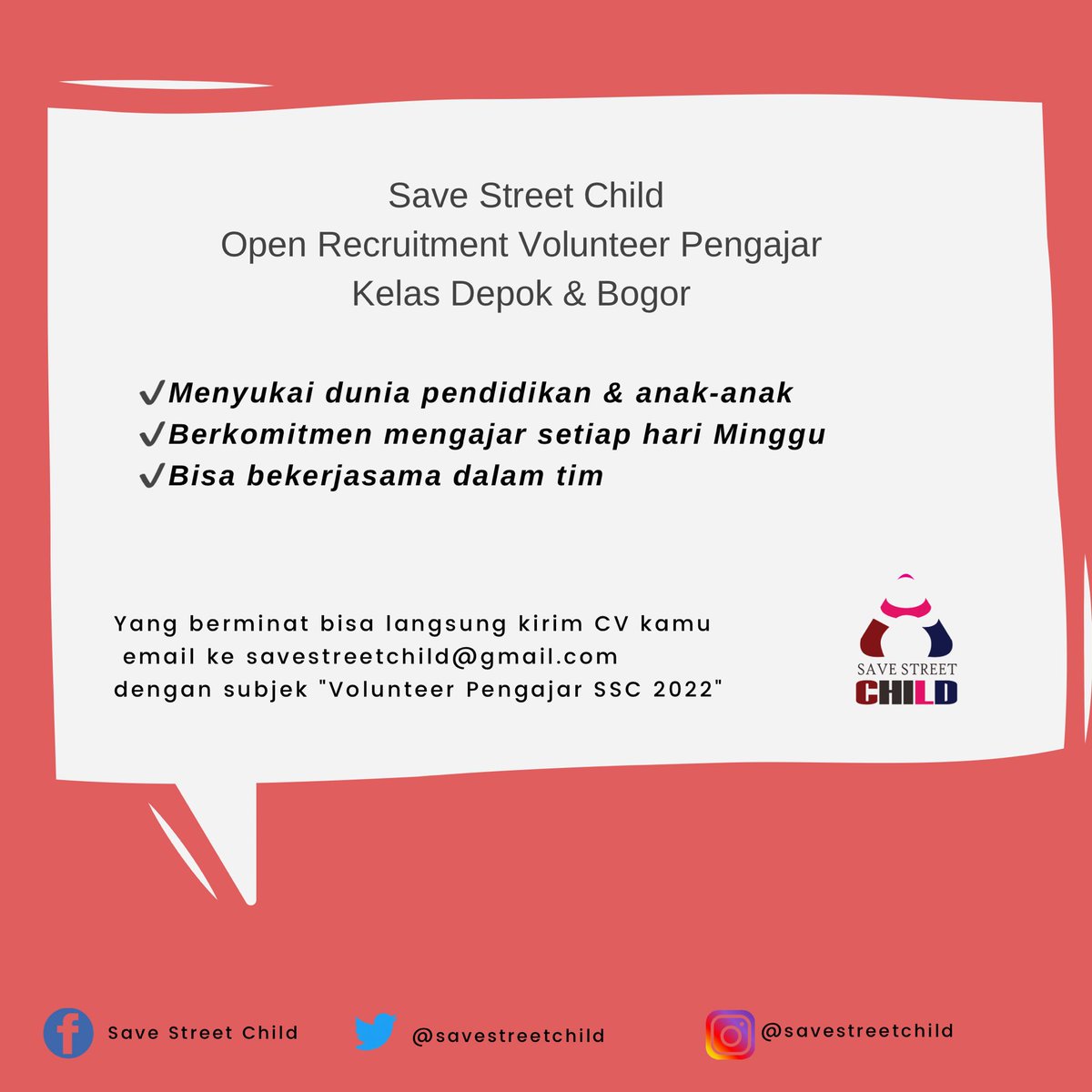 Akhirnya kita buka recruitment lagi untuk kakak-kakak yang berminat untuk ngajar adik-adik Kelas Depok &amp; Kelas Bogor 😍😍

Yuk kak langsung kirim cv ke email kami ya!!
Di tunggu!! Boleh bantu RT ya ka <a href="/IPB24JAM/">IPB 24 JAM</a> makasiii