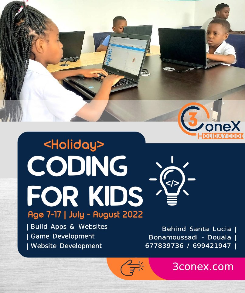 OpenHubDigital's tweet photo. Coding helps improve and develop many facets of children's educational syllabus like math, creativity & writing.
3ConeX #HolidayCode.
July 4, 2022 - August 5, 2022, @ 3ConeX WorkSpace, behind Santa Lucia, Bonamoussadi
Age: 7 - 17
NB: Laptops available for each child
#coding4kids https://t.co/bYfX11v2fr