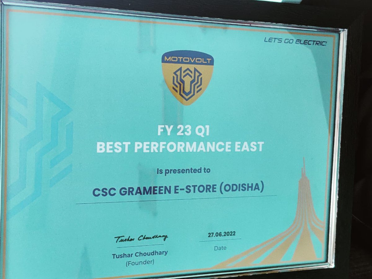 CSC Team Odisha got awrded by #Motovolt for best performance in FY 23 Q1.

Order #Motovolt eCycle through CSC Grameen eStore.

<a href="/CSCegov_/">CSCeGov</a> <a href="/dintya15/">dinesh tyagi Retd IAS</a> <a href="/ceo_csc/">CEO_CSC e-Governance</a>
<a href="/SwornaprabhaSi1/">Swornaprabha Singh</a> <a href="/rajakishore_j/">Raja Kishore</a> <a href="/CSCeStore/">CSC Grameen eStore</a>
