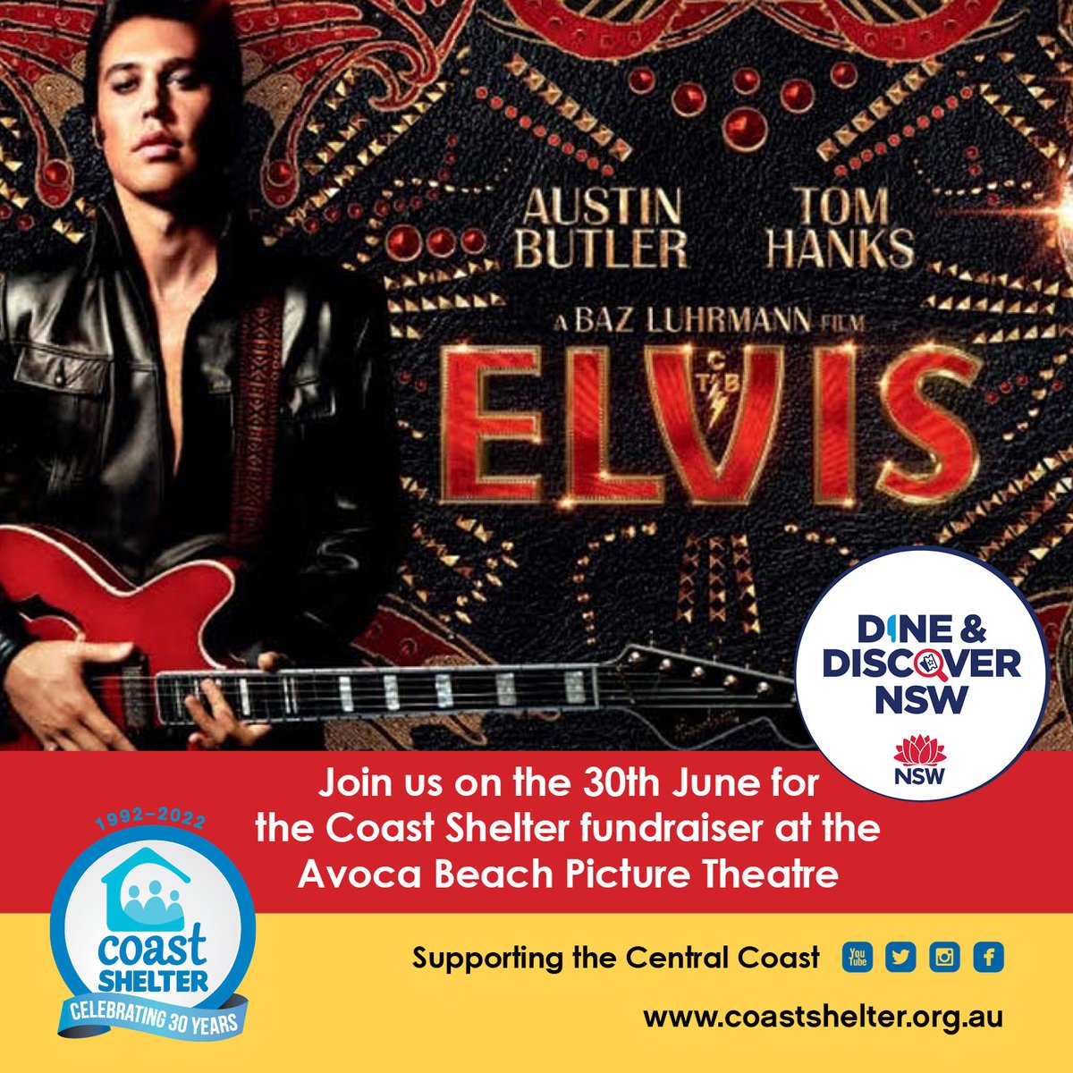 Please join us for a Coast Shelter fundraiser watching the new Baz Luhrmann Film, Elvis at Avoca Beach Theatre on 30th June. Use one of your Dine &amp; Discover Vouchers before it runs out on the 30th of June! Tickets: ow.ly/YuNa50JJetN #coastshelter #avocabeachpicturetheatre