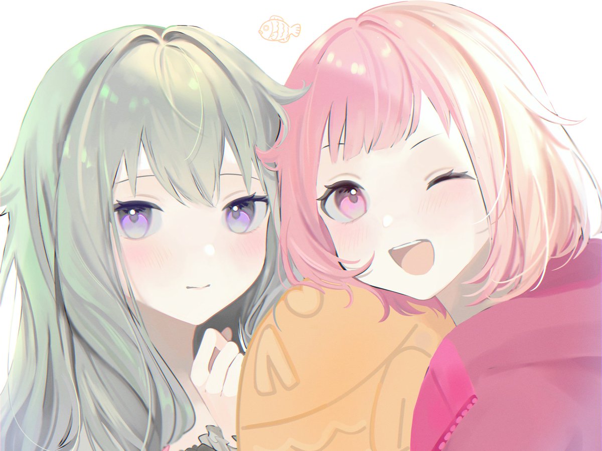 multiple girls 2girls pink hair one eye closed smile green hair purple eyes  illustration images