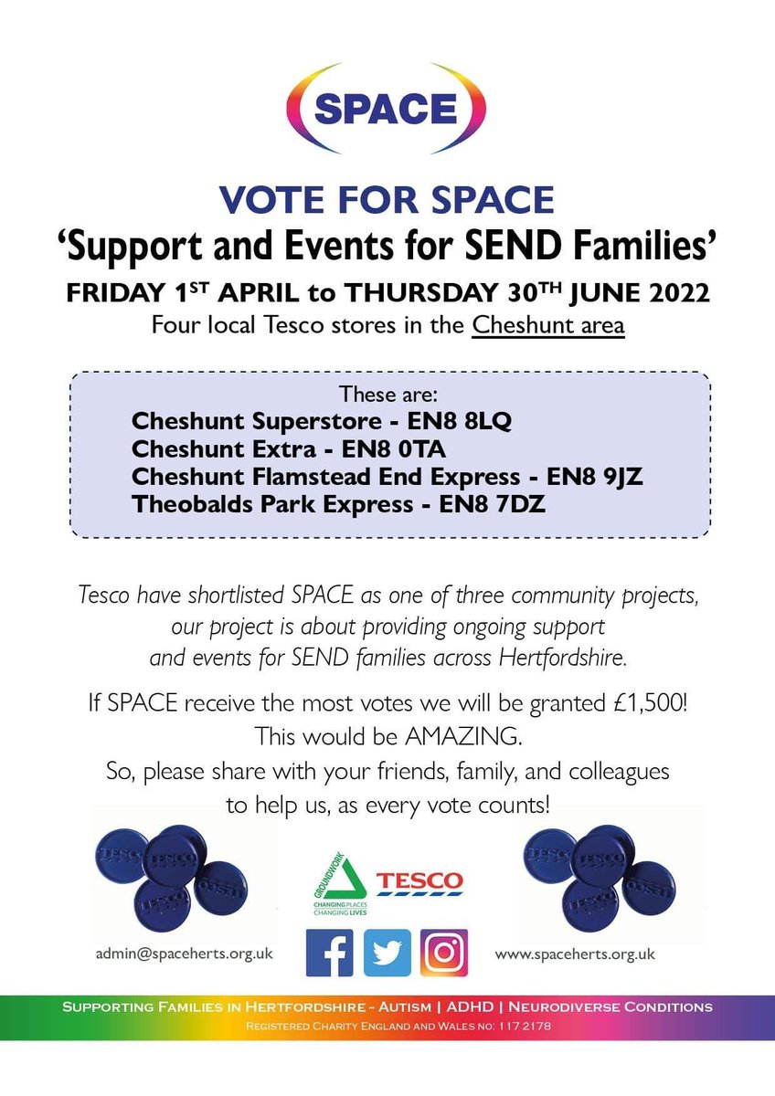 🌟LAST SHOUT OUT for Tesco Bags of Help (the blue token scheme) in the Cheshunt area🌟

Please Please Please vote for us in the stores listed on the flyer.
Please feel free to share far and wide - every little helps 🤗

With thanks - Team SPACE

#BagsofHelp
#SupportingSPACEherts