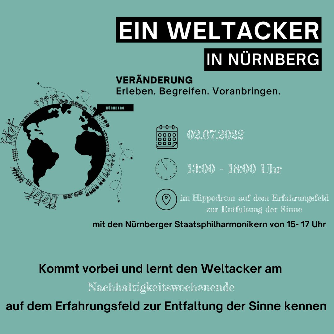 Kommt vorbei: diesen Samstag zum Nachhaltigkeitswochenende auf dem Erfahrungsfeld der Sinne.
Der #weltackernürnberg im Hippodrom
Mit dabei: die Nürnberger Staatsphilharmoniker.

Wir freuen uns auf Euch.
Euer Weltacker-Nürnberg-Team
@Bluepingu
#weltacker #staatsphilharmonie