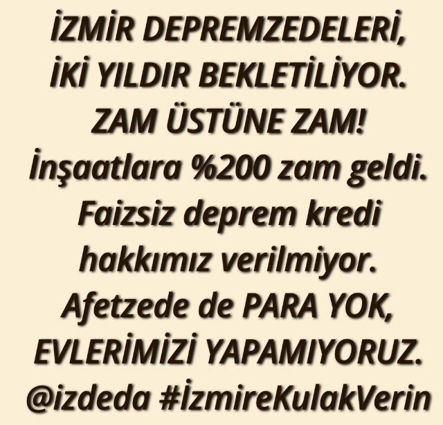 #KuruLafDeğilNeticeİstiyoruz 20.ay, 4.bayram 3.kış geliyor BIÇAK KEMİĞİ GEÇELİ ÇOK OLDU artık laf DEĞİL çözüm istiyoruz <a href="/Akparti/">AK Parti</a> 
<a href="/akpartiizmir/">AK Parti İzmir</a> MİLLETVEKİLLERİNE    sesleniyoruz.
#İzmireKulakVerin 
<a href="/BY/">Binali Yıldırım</a> 
<a href="/necipnasir/">𝑵𝒆𝒄𝒊𝒑 𝑵𝑨𝑺𝑰𝑹</a> 
<a href="/avhamzadag/">HAMZA DAĞ</a> 
<a href="/MAtillaKaya/">Mahmut Atilla Kaya</a> 
<a href="/yasarkirkpinarr/">YAŞAR KIRKPINAR</a> 
@CeydaBC47