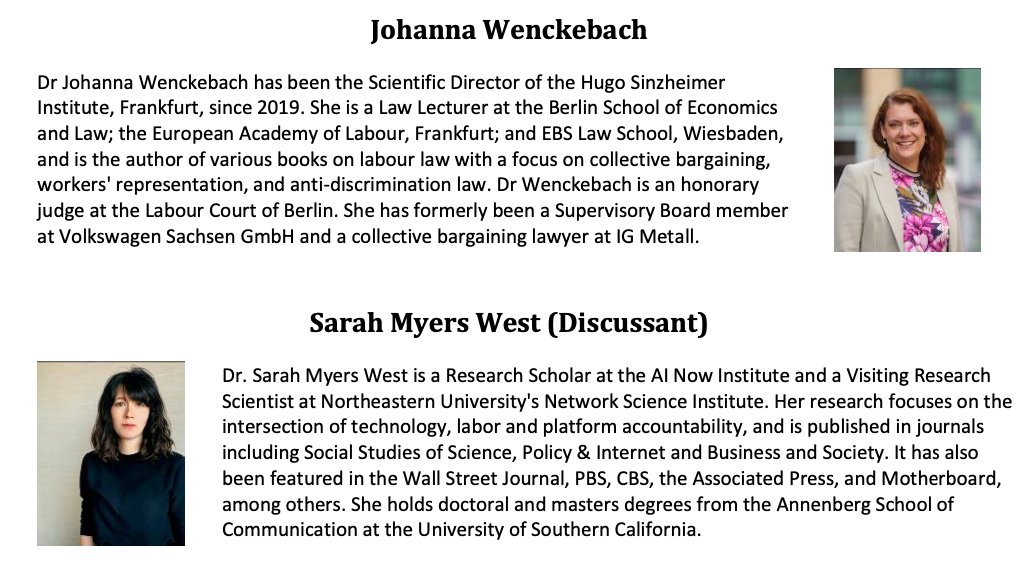 <a href="/BurrowsCA/">Charlotte Burrows</a> <a href="/USEEOC/">U.S. EEOC</a> <a href="/dpprado/">Daniel Pérez del Prado</a> <a href="/veenadubal/">Veena Dubal</a> ... and Dr Johanna Wenckebach (<a href="/jo_wenckebach/">Johanna Wenckebach - closed - eXit</a>
) on German co-determination rights, with <a href="/sarahbmyers/">Sarah Myers West</a> bringing together the different strands of argument.