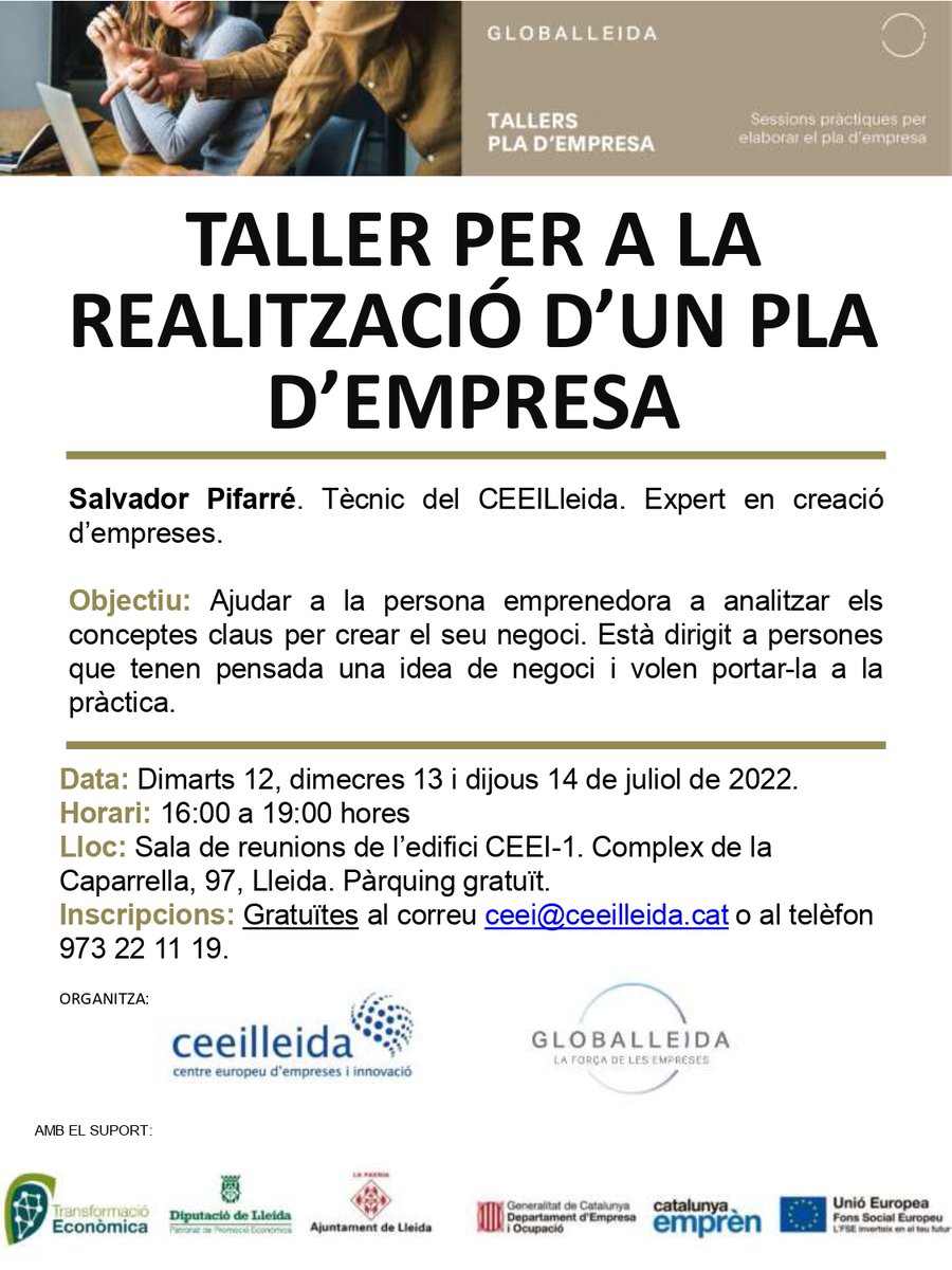 Tens una idea de negoci i voldries crear una #empresa però no saps per on començar? Vine al taller sobre com realitzar un pla d'empresa que ofereix el CEEILleida en tres sessions: dimarts 12, dimecres 13 i dijous 14 de juliol bit.ly/3u6n70I