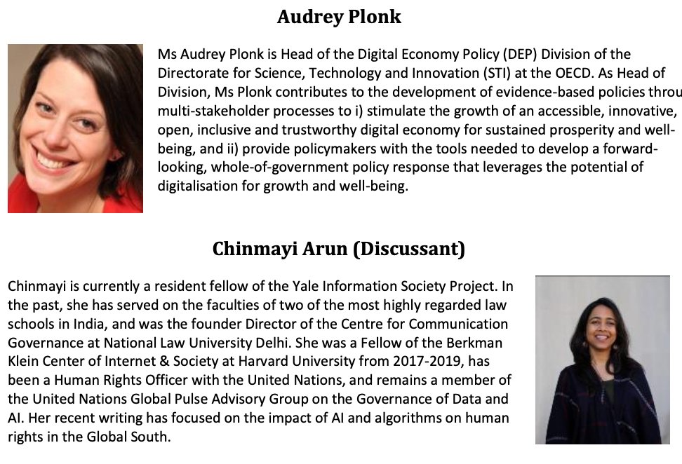 <a href="/isostandards/">ISO</a> <a href="/JKleijssen/">Jan Kleijssen</a> <a href="/coe/">Council of Europe</a> … and Audrey Plonk (<a href="/alplonk/">Audrey Plonk</a>) on the <a href="/OECD/">OECD ➡️ Better Policies for Better Lives</a> 's work. Prof Chinmayi Arun <a href="/chinmayiarun/">chinmayiarun</a> of the <a href="/yaleisp/">The Information Society Project</a> will draw out commonalities and differences between the perspectives.