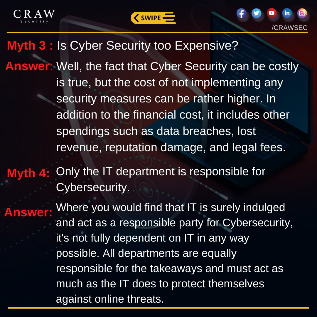 CrawSecurity's tweet photo. There are several Myths and Realities related to Cyber Security that we dedicatedly need to understand before we start making our careers in Cyber Security. https://t.co/Xq3jVLNidH