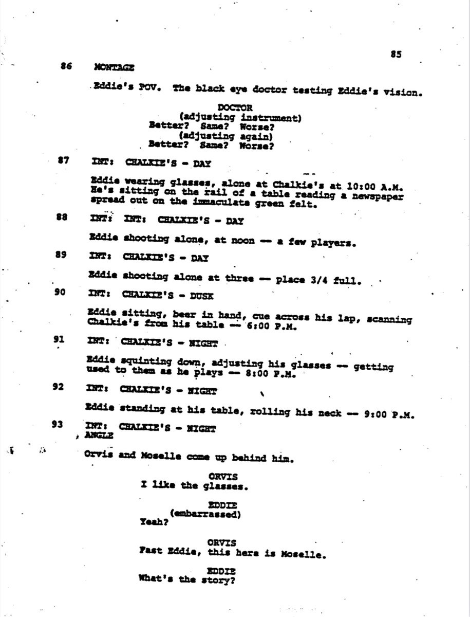 One_PerfectPage's tweet image. The Color of Money (1986) By Richard Price

Revised Draft, page 85