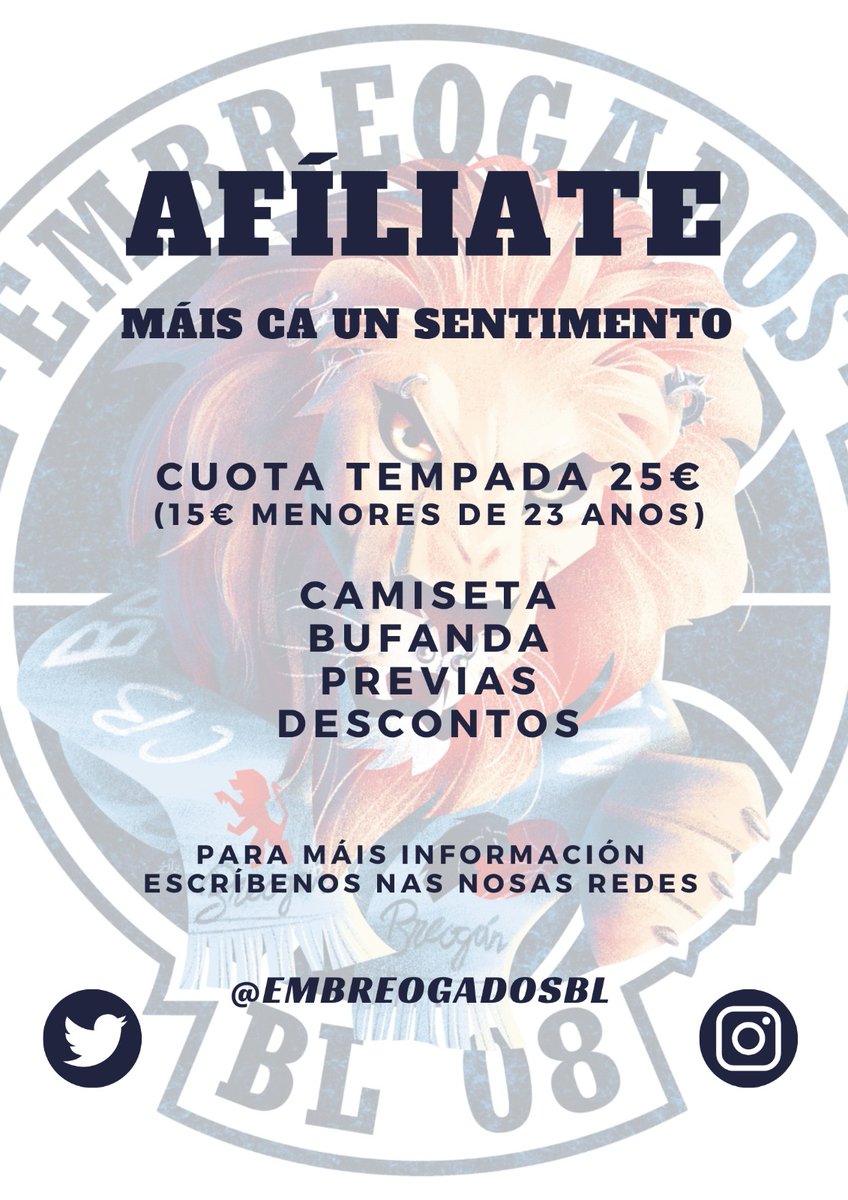 EmbreogadosBL's tweet photo. Comezamos unha tempada nova onde queremos medrar e seguir coa festa montada ata agora!!!

🔥🔥 AFÍLIATE A EMBREOGADOS🔥🔥

Dispostos a crear A GRADA DE ANIMACIÓN en FONDO ESTADIO!! 

Esperámosvos!! 
#BL08 #ArrasaBreo #SeguimosEnPe https://t.co/vWVWueh2H0