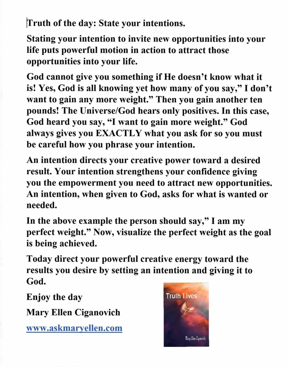 askmaryellen's tweet photo. Truth of the day: State your intentions. #ThursdaysTruth #ThursdaysInspirational #stateyourintentions #mindfulnesscoach #TruthTeacher Truth Lives https://t.co/O5zd8WfXNe https://t.co/c22rYDUlov